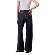 Dark blue wide-leg high waist denim jeans with classic back pockets shown from the back by Calvin Klein women’s fall winter collection