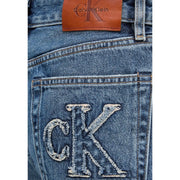 Back side of calvin klein women’s light blue cotton denim jeans with distressed embroidered ck logo and brown leather patch