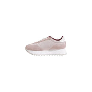 Calvin Klein women’s lilac leather sneakers in blush pink suede with white rubber sole and maroon lace accents