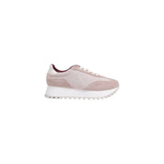 Calvin Klein women’s lilac leather sneakers in blush pink suede with white rubber sole and maroon heel tab accents
