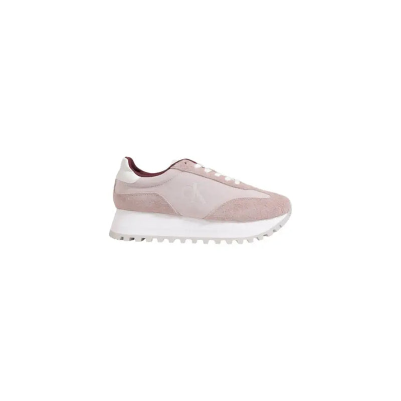 Calvin Klein women’s lilac leather sneakers in blush pink suede with white rubber sole and maroon heel tab accents