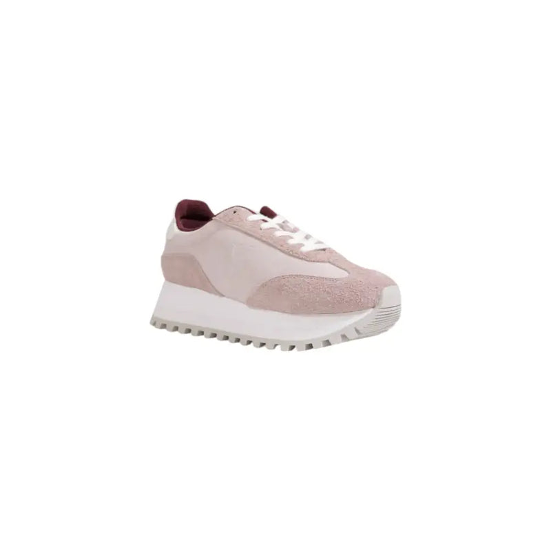 Calvin Klein women’s lilac leather sneakers are pink suede and mesh with white laces burgundy collar and chunky white sole