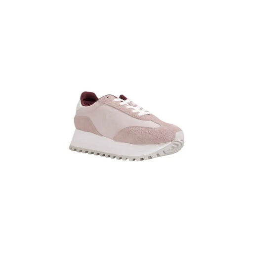Calvin Klein women’s lilac leather sneakers in blush pink suede with white chunky sole and maroon collar accents