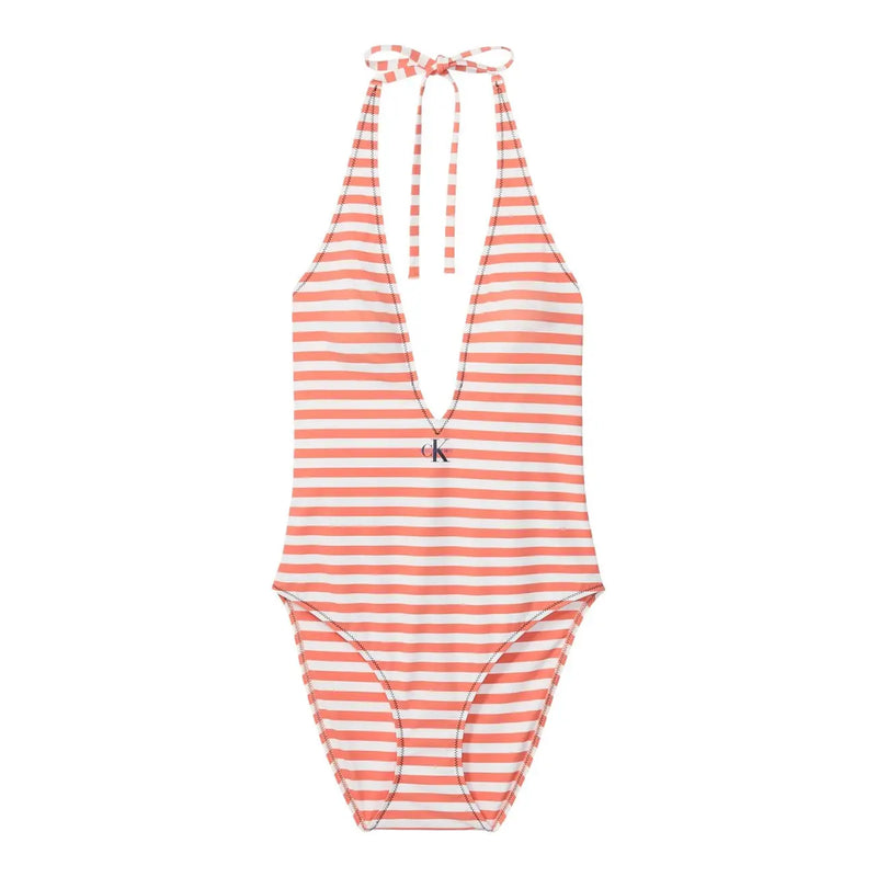 Calvin Klein womens orange striped halter one-piece swimsuit in nylon with tied neckband and embroidered logo