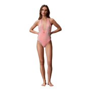 Calvin Klein womens nylon one-piece swimsuit with orange pink and white stripes and halter neckline with chest logo