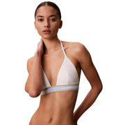 Calvin Klein womens triangle bikini top in white nylon with a striped halter band featuring gold and light blue accents
