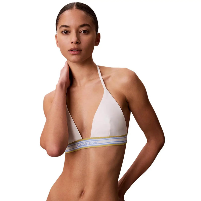 Calvin Klein womens triangle bikini top in white nylon with a striped halter band featuring gold and light blue accents