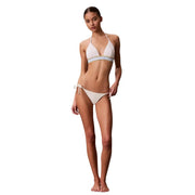 Calvin Klein womens white nylon triangle bikini top with thin striped waistband and matching side ties