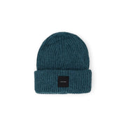 Calvin Klein Bonnet en laine pour homme, en maille côtelée turquoise, avec revers et écusson logo noir, vue de face