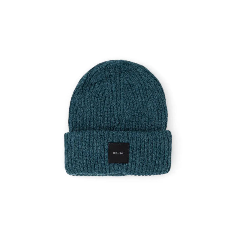 Calvin Klein Bonnet en laine pour homme, en maille côtelée turquoise, avec revers et écusson logo noir, vue de face