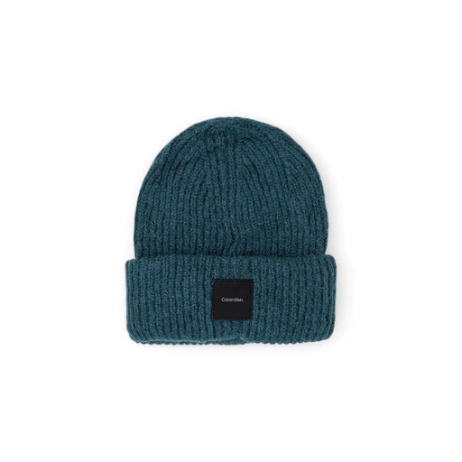Calvin Klein Bonnet en laine pour homme, en maille côtelée turquoise, avec revers et écusson logo noir, vue de face