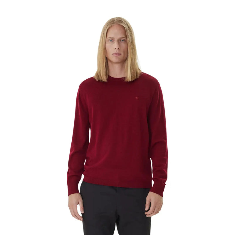 Calvin Klein Pull en laine bordeaux pour homme, avec logo brodé sur la poitrine gauche, vue de face
