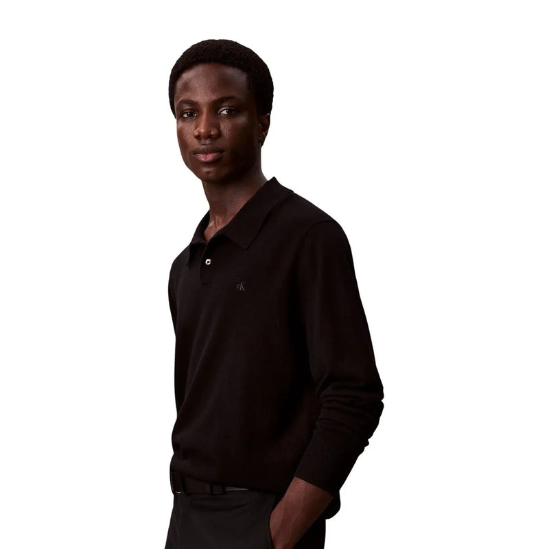 Calvin Klein Pull en laine noir pour homme, manches longues, logo brodé sur la poitrine, vue de face