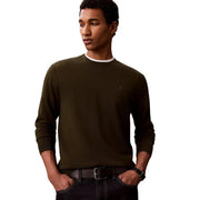 Calvin Klein Pull en laine pour homme, vert olive, poignets et ourlet côtelés blancs, petit logo CK, vue de face