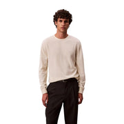 Calvin Klein Pull en laine crème pour homme, manches longues, logo brodé sur la poitrine, vue de face