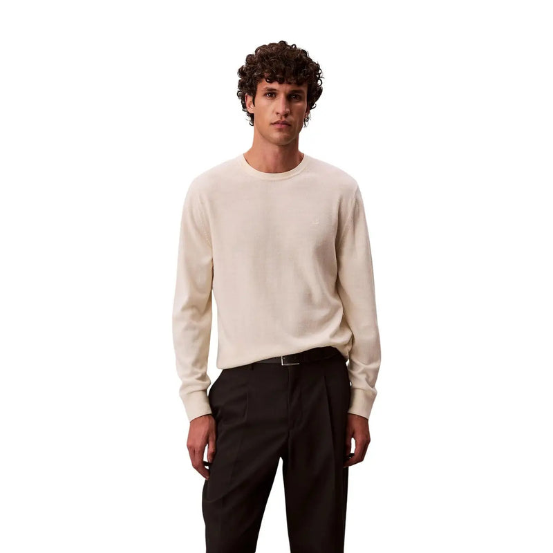 Calvin Klein Pull en laine crème pour homme, manches longues, logo brodé sur la poitrine, vue de face
