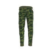 Green camouflage-patterned sweatpants with patches featuring ribbed cuffs and waistband for comfortable wear