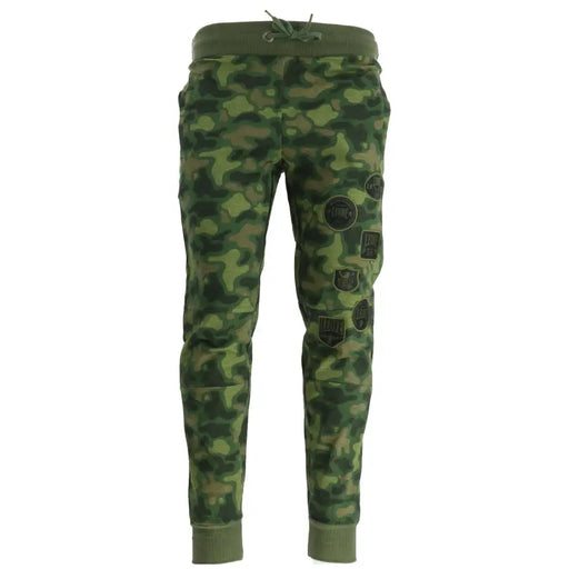 Green camouflage patterned sweatpants with patchwork detailing on the legs made from soft cotton blend fabric