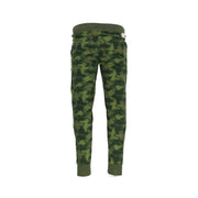 Green camouflage-patterned sweatpants with patches featuring ribbed cuffs and waistband for comfortable wear