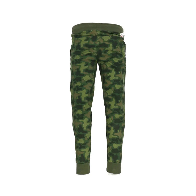 Green camouflage-patterned sweatpants with patches featuring ribbed cuffs and waistband for comfortable wear