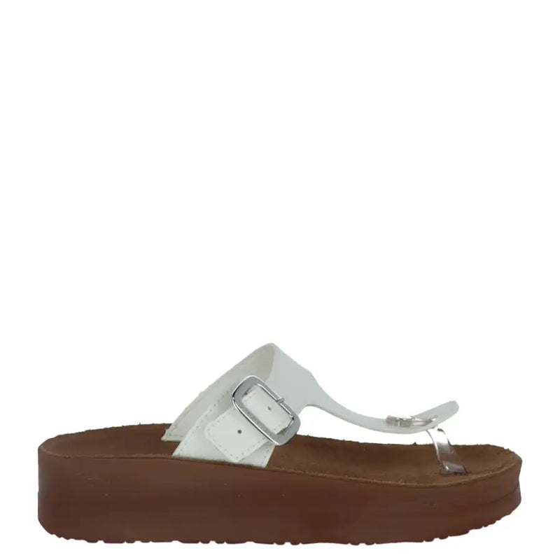 White leather thong sandal with silver buckle and platform sole from carrera women slippers with buckle bow collection