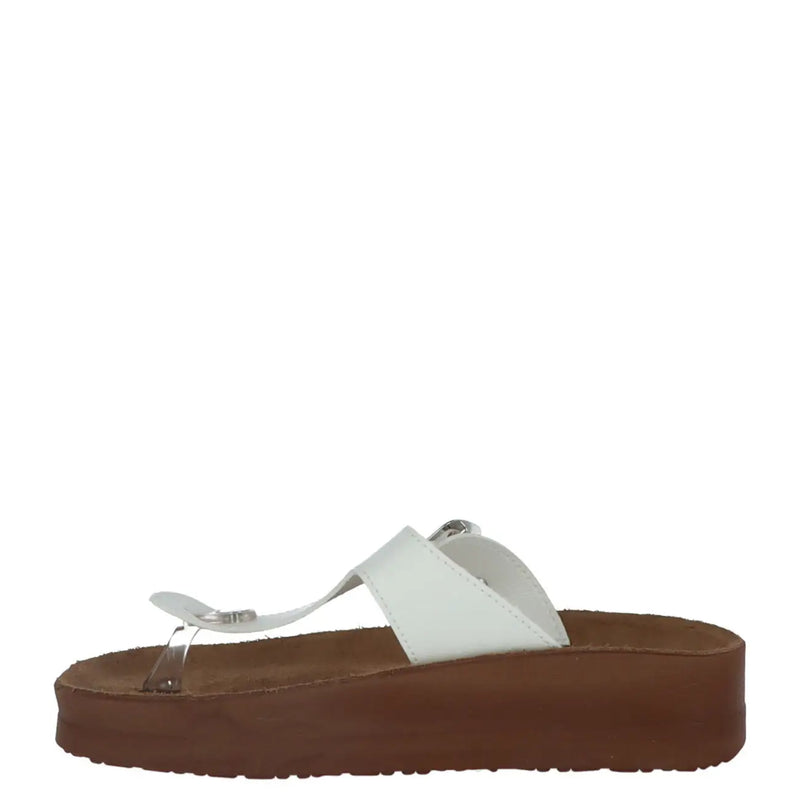 Carrera women slippers white leather thong sandal with silver buckle transparent toe post on brown platform sole