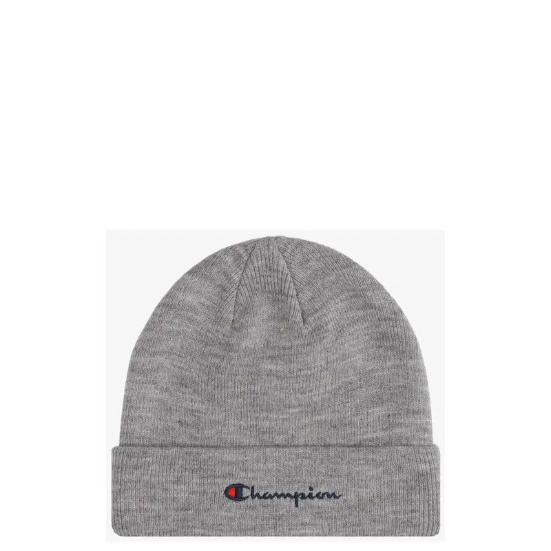 Champion gray beanie men’s knit hat in soft acrylic with ribbed cuff and embroidered logo for cold weather comfort