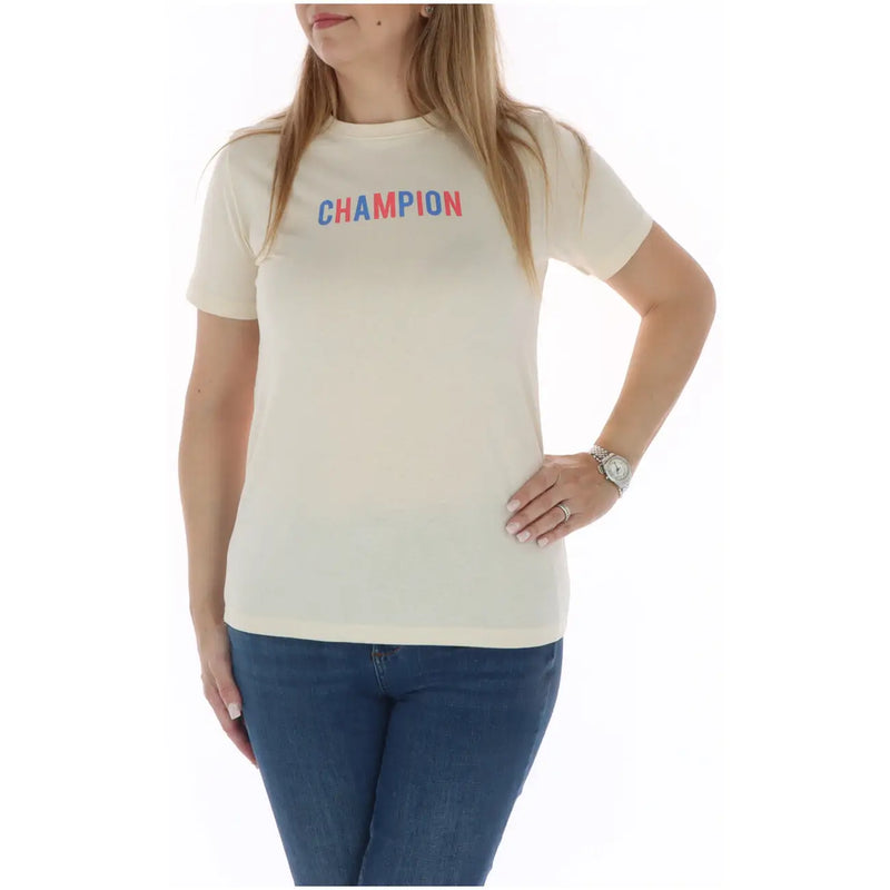 Champion women black cotton round neck short sleeve t shirt featuring a cream champion logo in red and blue letters