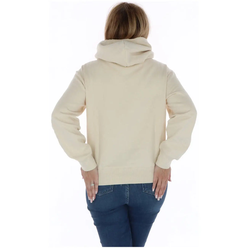 Champion womens beige cotton hoodie sweatshirt with cream color long sleeves soft fabric and ribbed cuffs