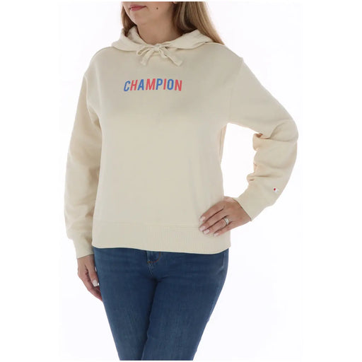 Champion Sweat à capuche beige en coton pour femme, orné d'un logo Champion crème en rouge et bleu sur la poitrine.