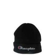 Champion women’s black cap for fall and winter featuring a black beanie with white and red embroidered logo