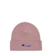 Champion women’s soft pink knit beanie made of 100 percent polyester with a blue embroidered logo on the cuff