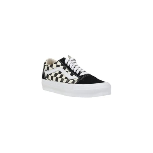 Checkerboard Vans sneakers in black and white displayed as a product image