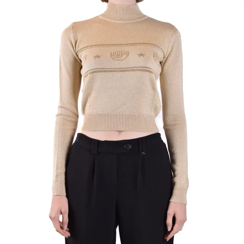 Cropped beige Turtleneck Sweater with long sleeves and eye motifs from Chiara Ferragni