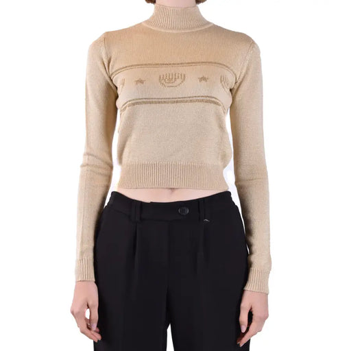 Cropped beige Turtleneck Sweater with long sleeves and eye motifs from Chiara Ferragni