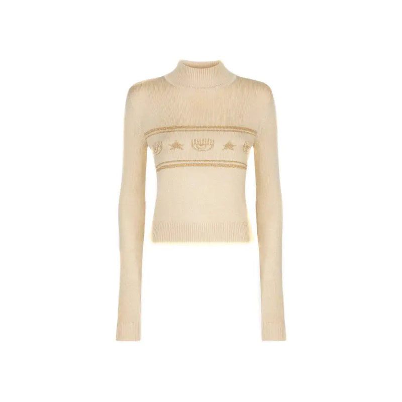 Off-white Chiara Ferragni beige printed long turtleneck knit sweater with gold star and stripe details