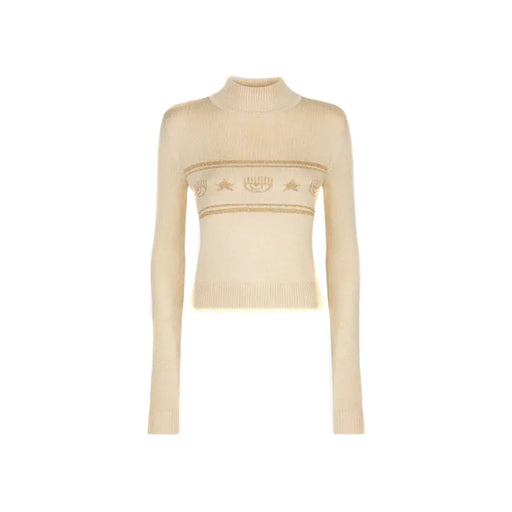 Off-white Chiara Ferragni beige printed long turtleneck knit sweater with gold star and stripe details