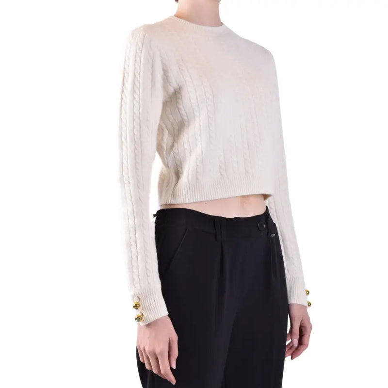 Cropped cable-knit sweater with gold-button cuffs from Chiara Ferragni White Long Sleeve Knit Sweater