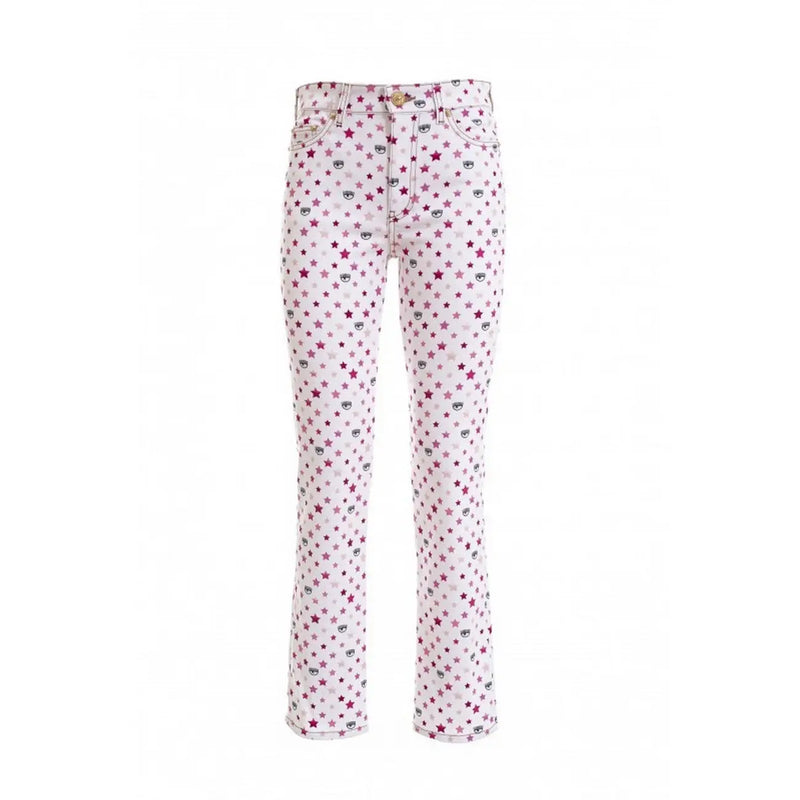 Jean en denim blanc de coton pour femme Chiara Ferragni, orné d'étoiles roses et de petits yeux noirs de dessin animé.
