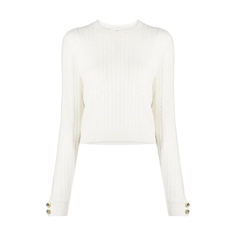 Pull en maille de laine couleur crème de Chiara Ferragni, à manches longues côtelées et boutons de poignet dorés.