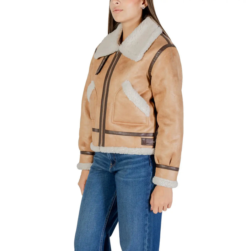 Choral women beige polyester blazer paired with tan shearling bomber jacket with white fur trim and brown leather accents