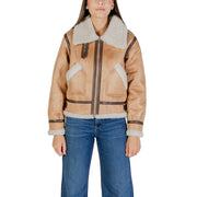 Tan shearling bomber jacket with dark brown leather trim and white fleece lining for women by choral beige polyester blazer round neck
