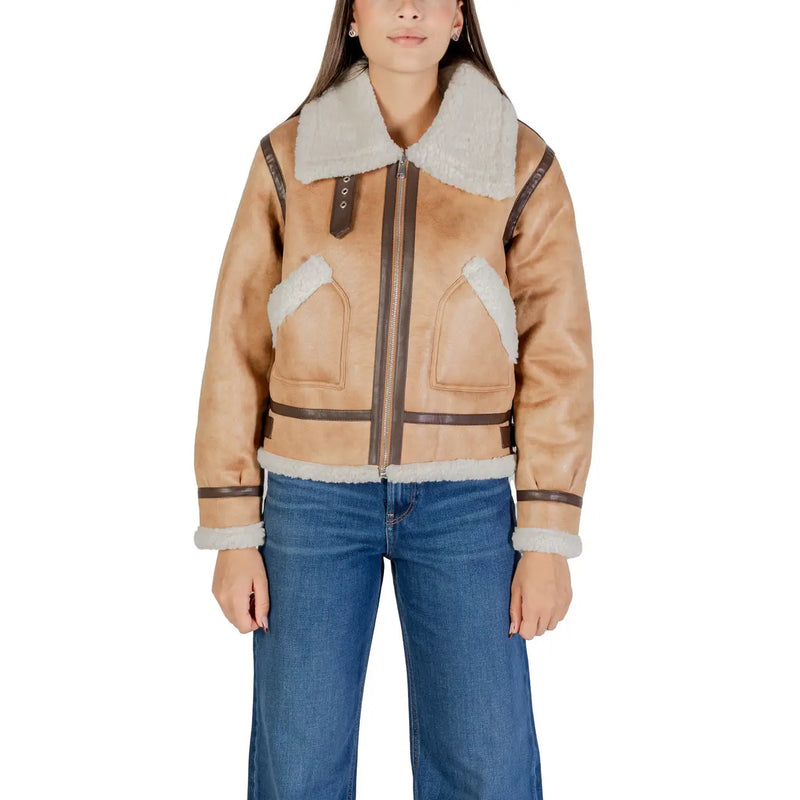 Tan shearling bomber jacket with dark brown leather trim and white fleece lining for women by choral beige polyester blazer round neck