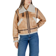 Tan shearling bomber jacket with dark brown leather trim and white fleece lining featured in choral women beige polyester blazer round neck product