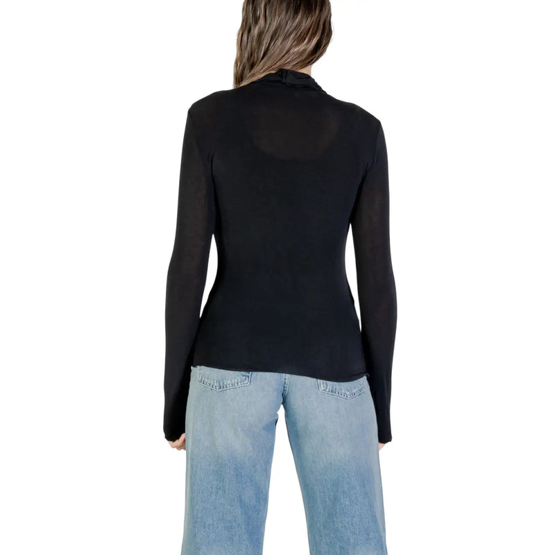 Black long-sleeved turtleneck top with sheer fitted design made of cashmere modal for women by choral