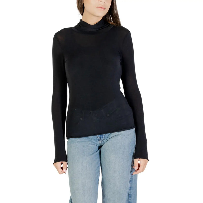 Black long-sleeved turtleneck top with sheer fabric and ribbed cuffs made of cashmere modal by choral women