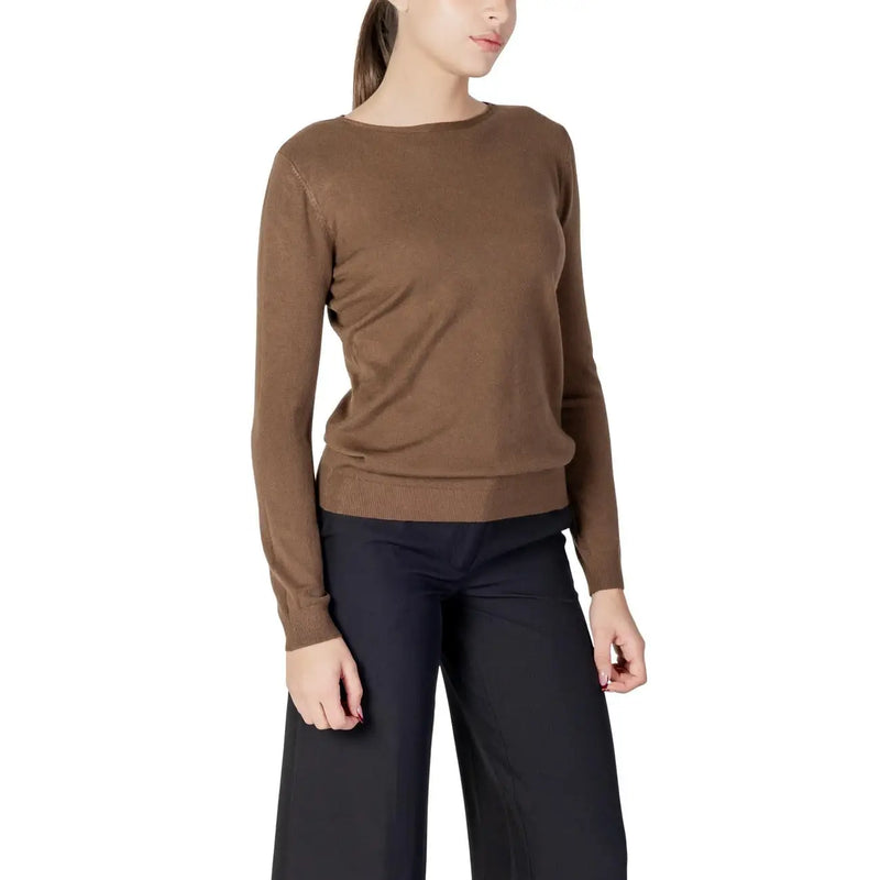 Un élégant pull Choral marron à manches longues pour femme, col rond, en maille mélangée viscose avec poignets côtelés.