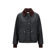 Dark green waxed cotton choral women blazer with burgundy corduroy collar and cuffs and classic zip pocket design