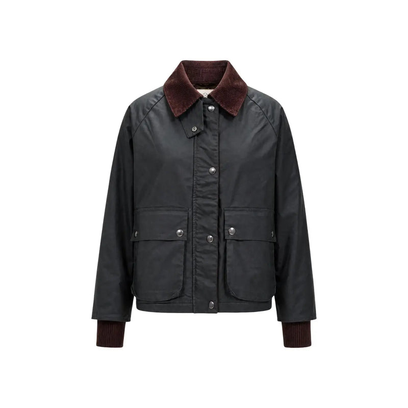 Dark green waxed cotton choral women blazer with burgundy corduroy collar and cuffs and classic zip pocket design