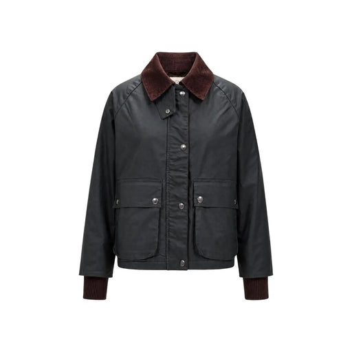 Blazer choral pour femme en coton ciré vert foncé, avec col et poignets en velours côtelé bordeaux et poche zippée classique.